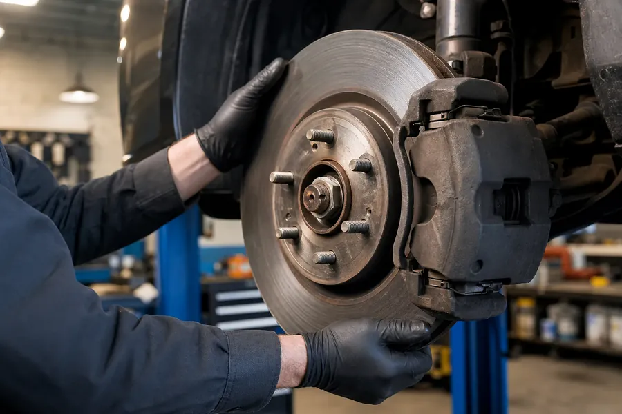 Technician inspecting a vehicle brake rotor and caliper in a repair bay