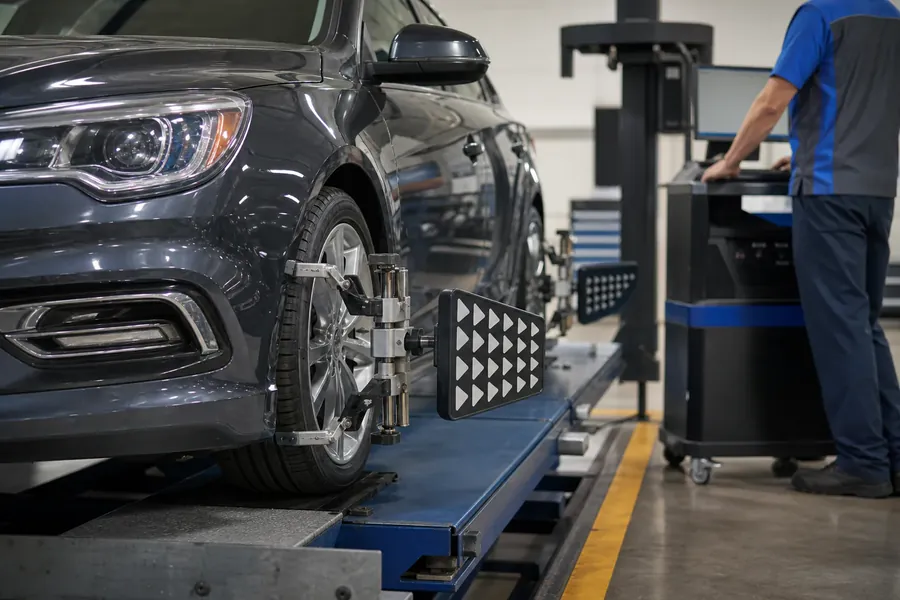 Vehicle positioned on an alignment rack with professional wheel targets