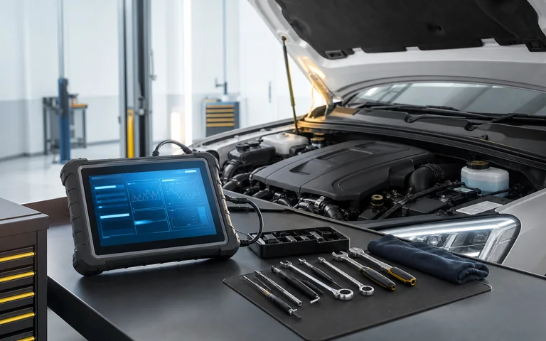 Diagnostic scan tool beside an open vehicle engine bay