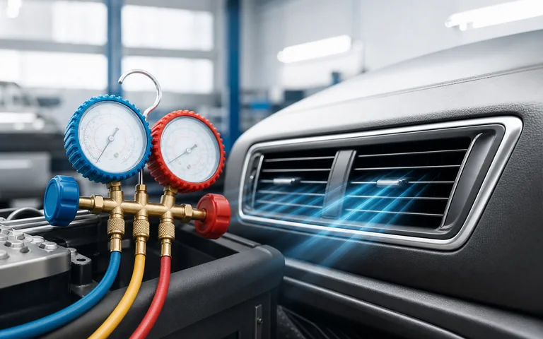 Automotive air-conditioning gauges beside a dashboard vent