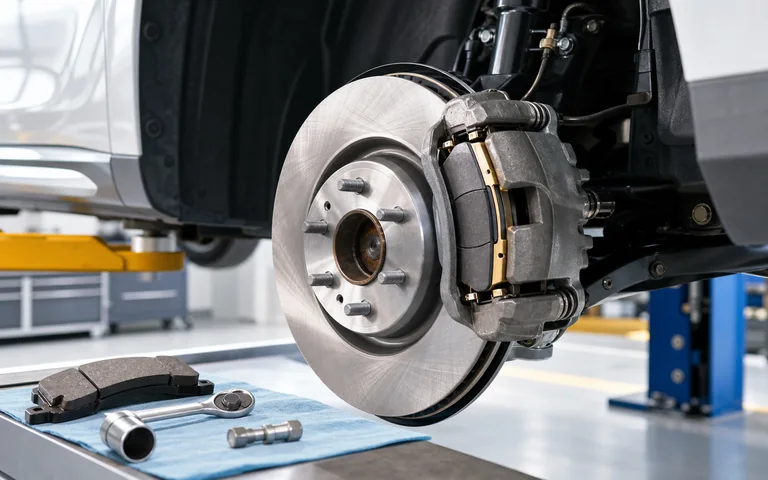 Brake rotor, caliper, and brake pads prepared for inspection
