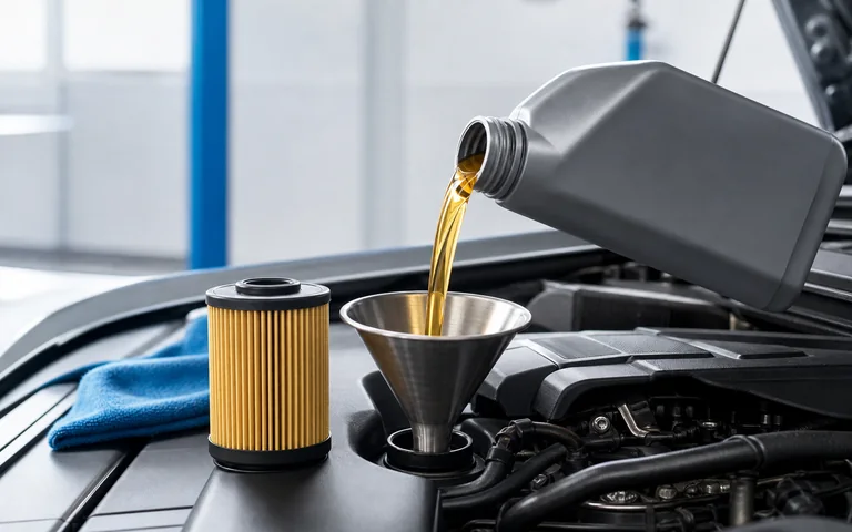 Motor oil poured through a funnel beside a new oil filter