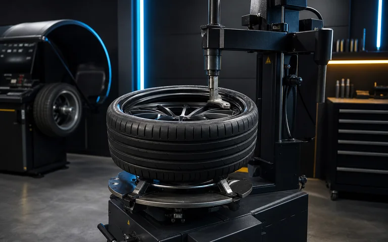 Tire mounted on a wheel using professional tire service equipment