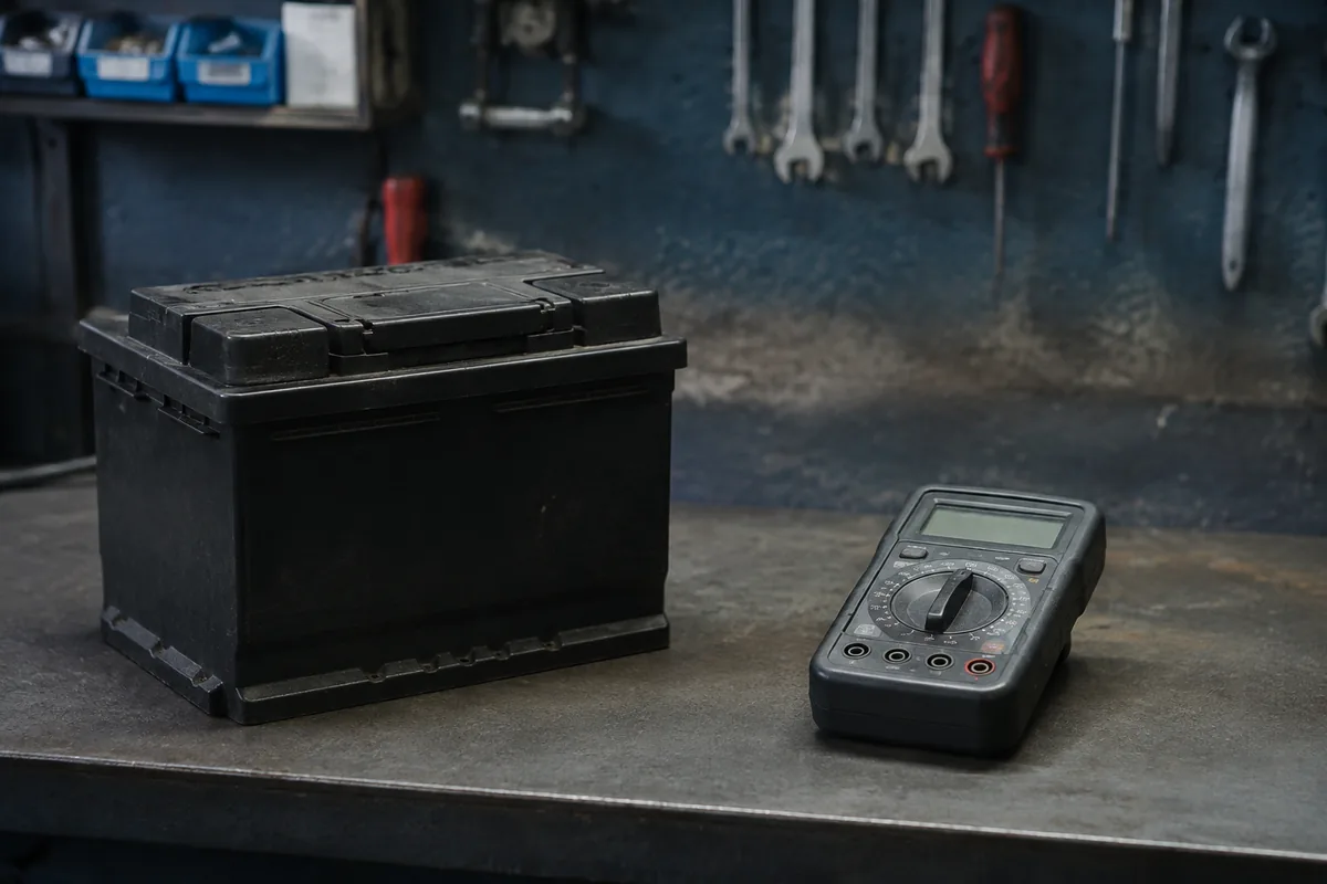 Illustration: A battery and disconnected meter illustrate electrical-system assessment.