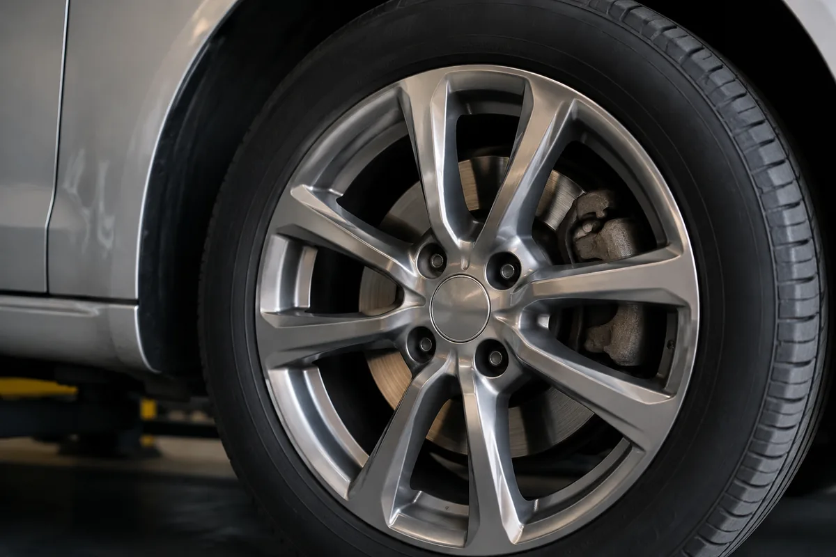 Illustration: Brake components visible behind wheel spokes illustrate an inspection view.