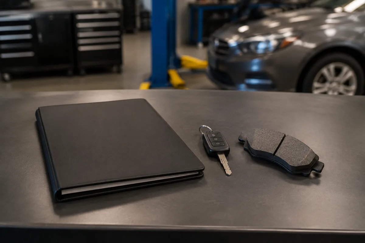 Illustration: A service folder, key and brake pad illustrate an estimate discussion.