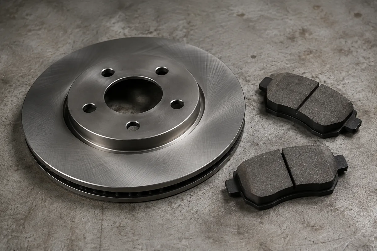 Illustration: A brake disc and pads illustrate separate friction-system components.