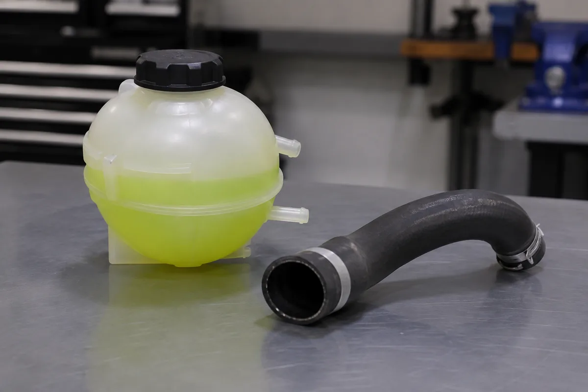 Illustration: A coolant reservoir and hose illustrate cooling-system components.