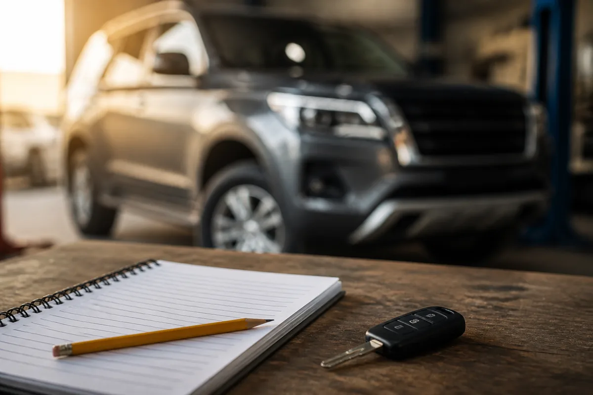 Illustration: A notebook and car key illustrate a vehicle maintenance log.