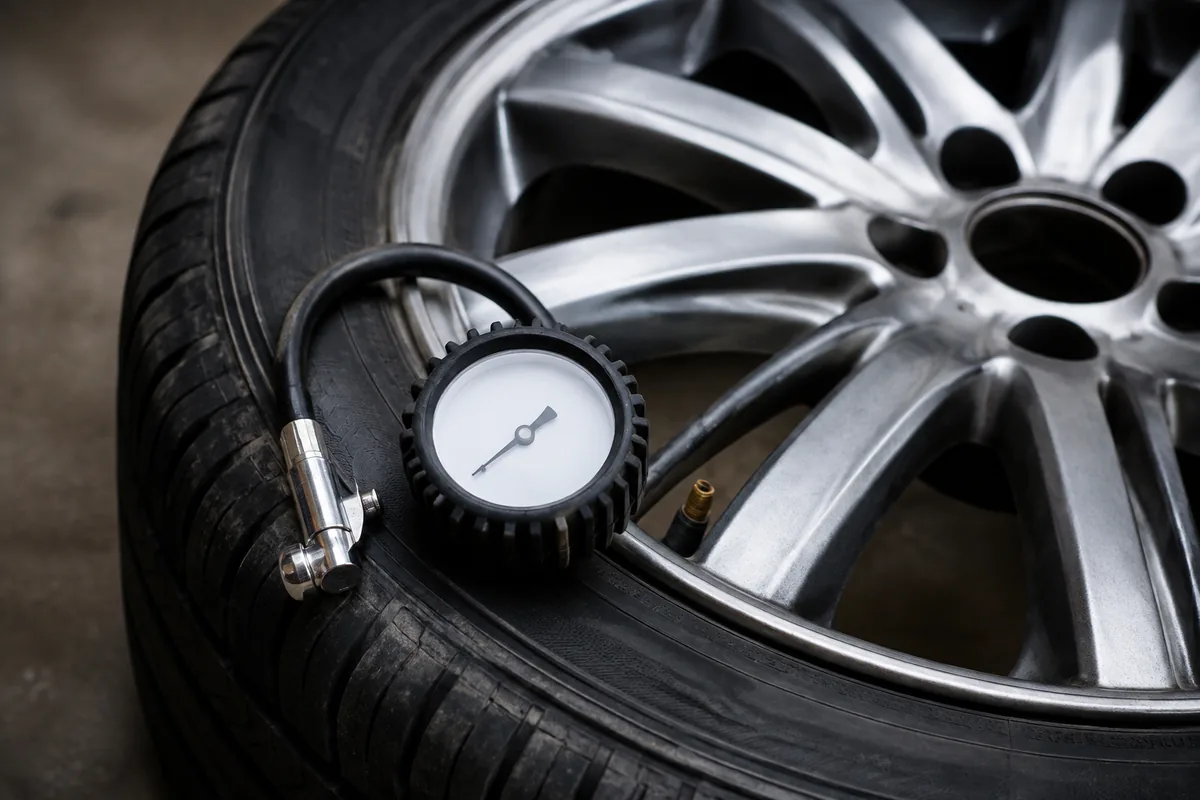 Illustration: A tire-pressure gauge beside a wheel illustrates measurement equipment.