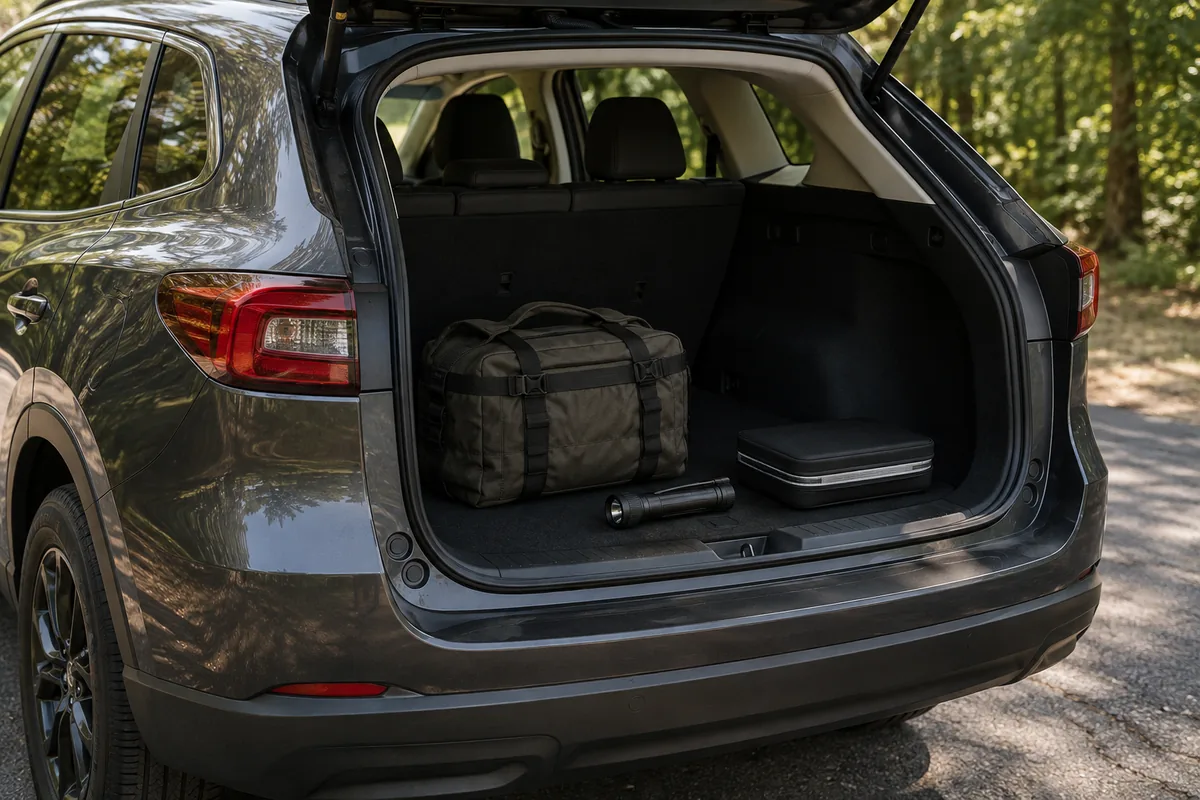 Illustration: Packed supplies in a parked vehicle illustrate trip preparation.