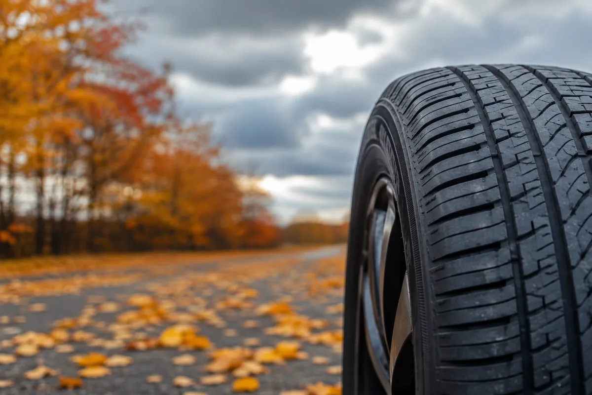 Illustration: A tire and autumn surroundings illustrate seasonal planning.