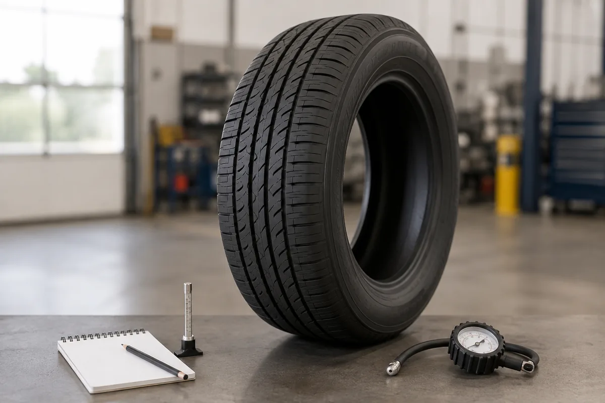 Illustration: A tire, gauges and a notebook arranged for a condition-review concept.