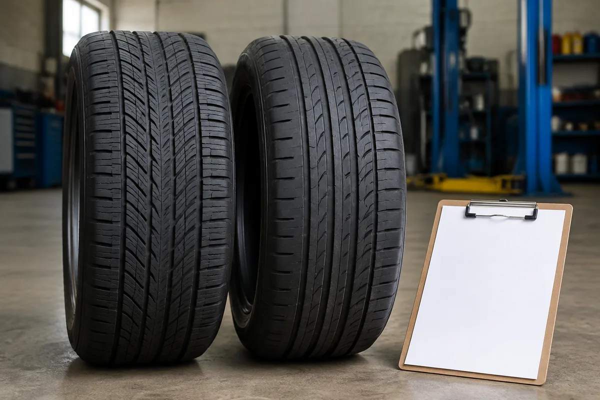 Illustration: Two tire designs and a blank clipboard illustrate a product comparison.