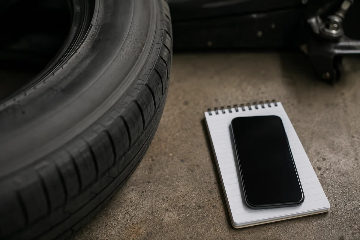 Illustration: A tire, notebook and phone illustrate product-identification research.