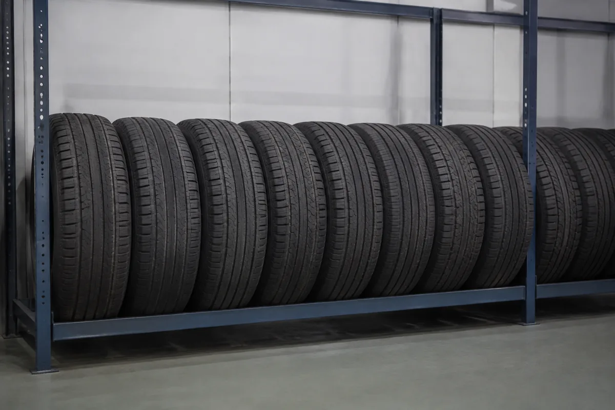 Illustration: Upright tires on an indoor rack illustrate storage planning.