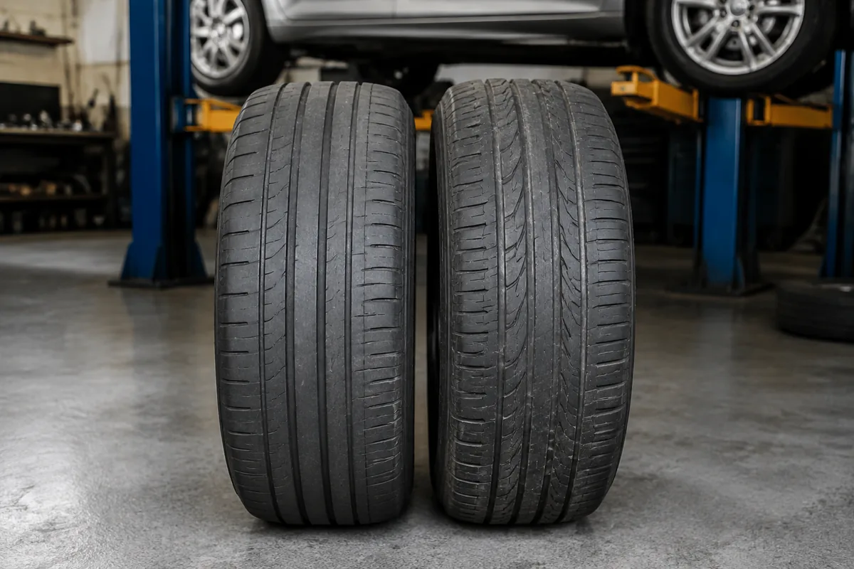 Illustration: Two tires with different wear illustrate a used-tire comparison; condition is not certified.