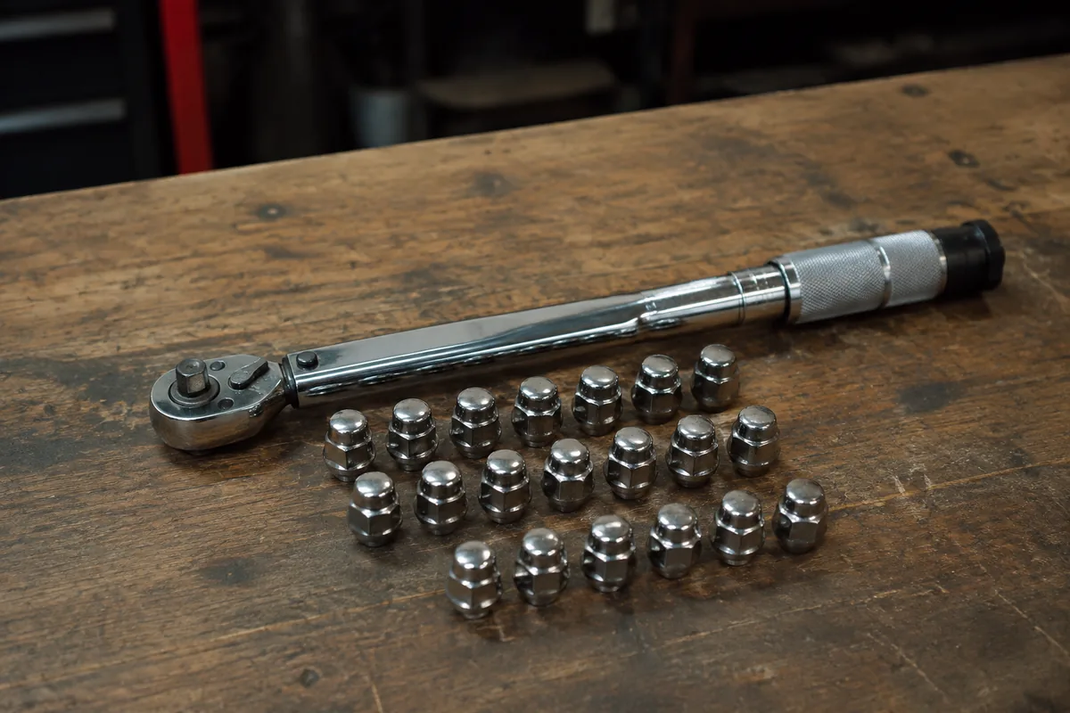 Illustration: Wheel fasteners and a torque wrench illustrate mounting hardware.
