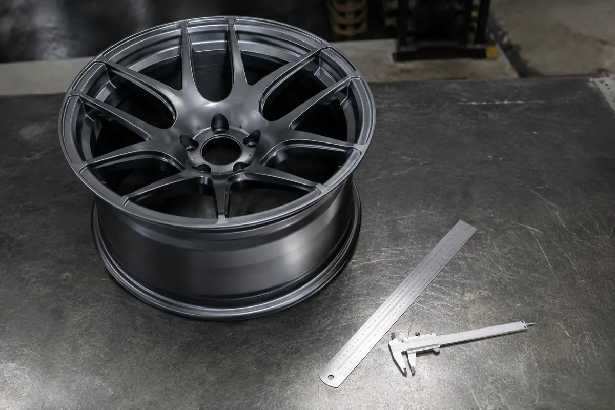 Illustration: A wheel and measuring tools illustrate specification checks.