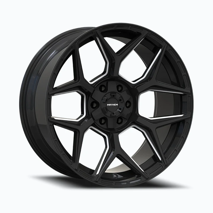 MAYHEM Gloss Black Milled 20×9 6x135 6x139.7 wheel available from Titan Tire & Wheels