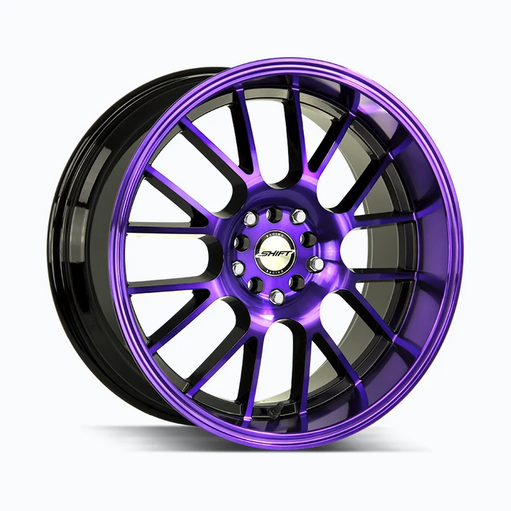 Shift Crank H28 18x8.5 5x100 5x114.3 Gloss Black Purple Machined wheel available from Titan Tire & Wheels