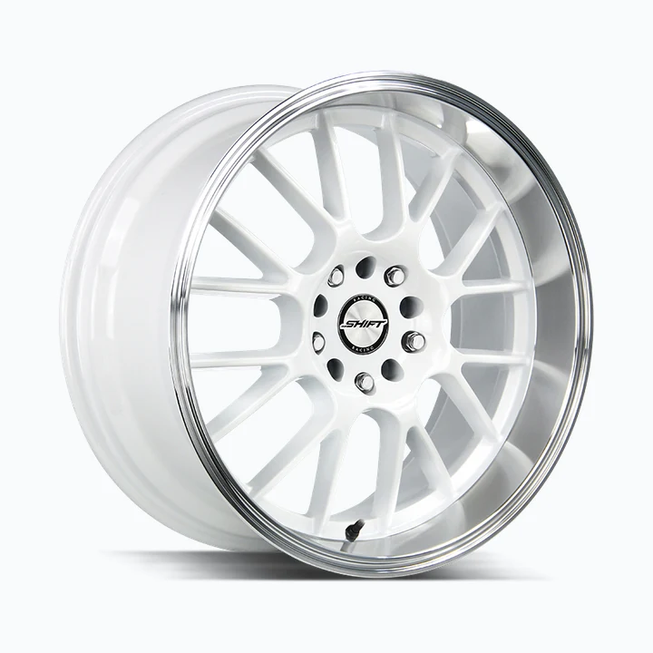 Shift Crank H28 18x8.5 5x100 5x114. White Polished Lip wheel available from Titan Tire & Wheels