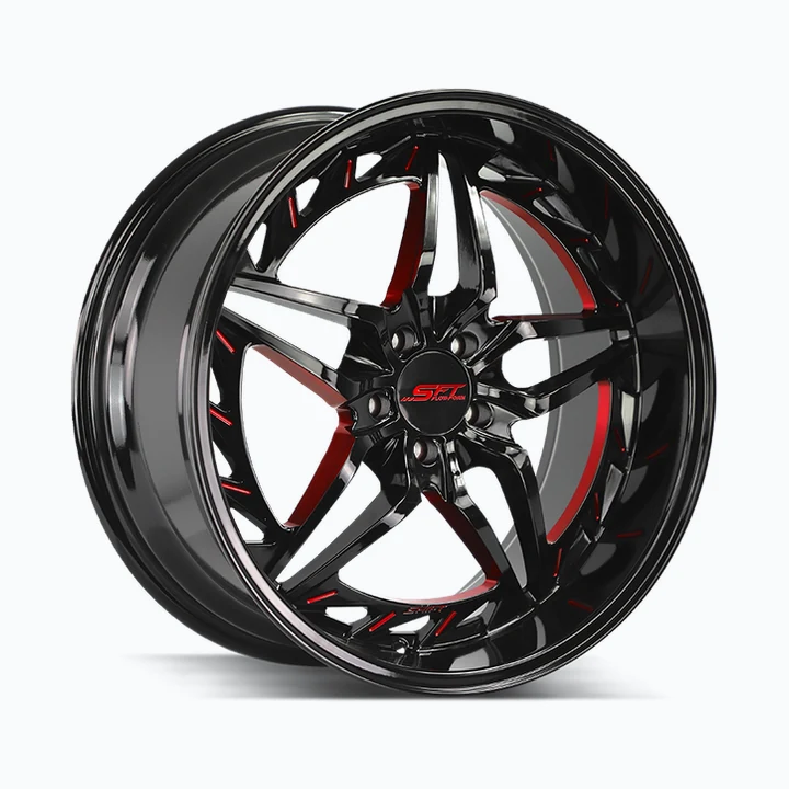 Shift Injector HF37 18x8.5 5x114.3 Gloss Black Candy Red Milled wheel available from Titan Tire & Wheels