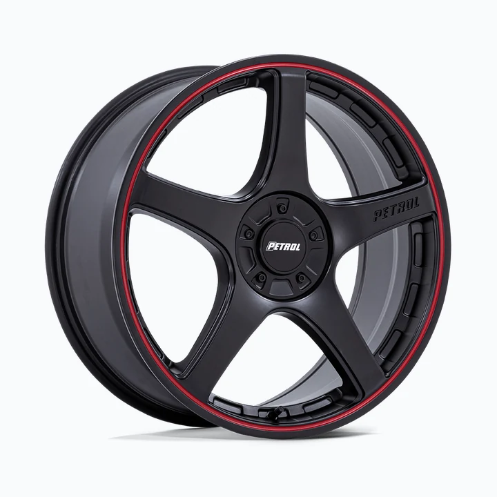 Petrol P2E MATTE BLACK W/ RED LIP 18X8 5X108/5X114.3 (+40) wheel available from Titan Tire & Wheels