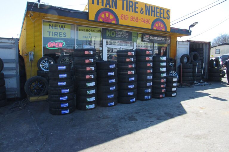 Stacks of new tires in front of Titan Tire and Wheels store in Madison, Tennessee